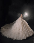 Regal High-Neck Crystal Ball Gown Wedding Dress with Cathedral Train & Cascading Beads