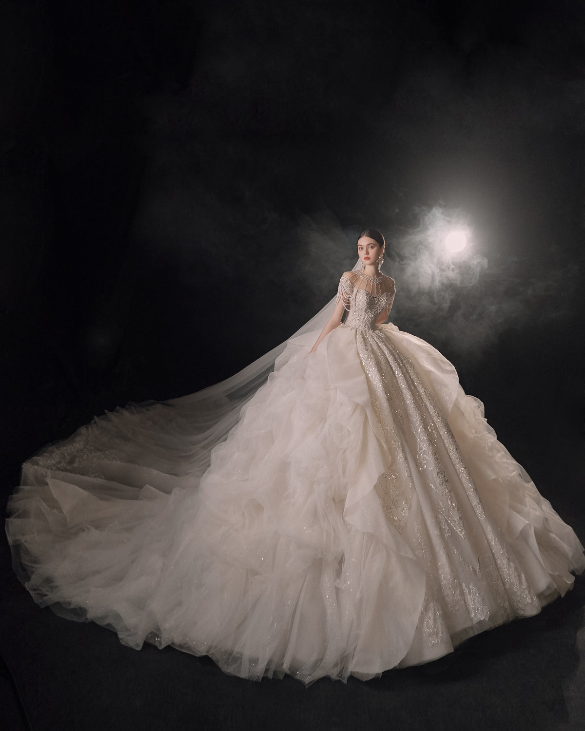Regal High-Neck Crystal Ball Gown Wedding Dress with Cathedral Train & Cascading Beads