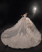 Regal High-Neck Crystal Ball Gown Wedding Dress with Cathedral Train & Cascading Beads