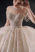 Regal High-Neck Crystal Ball Gown Wedding Dress with Cathedral Train & Cascading Beads