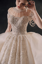 Regal High-Neck Crystal Ball Gown Wedding Dress with Cathedral Train & Cascading Beads