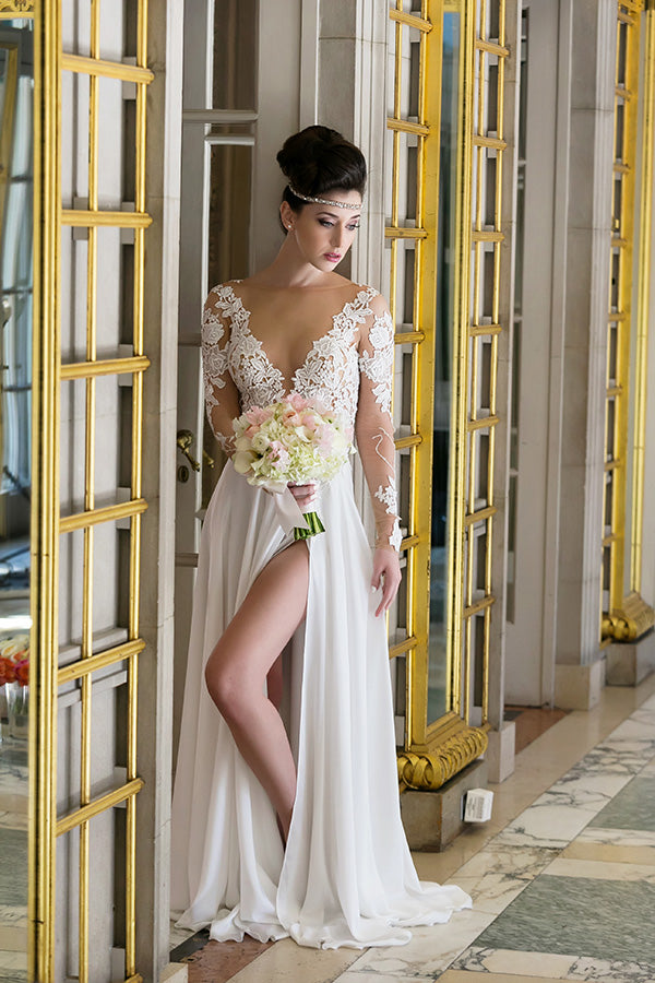 Chiffon Long Sleeves Wedding Dress With Slit Elegant Bridal Gown