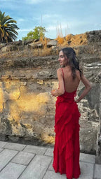 Robe de bal rouge sexy à volants, dos nu, longue robe de soirée pour fête Y7474