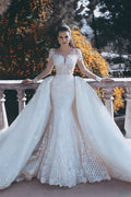 Long Sleeve Lace Appliques Mermaid Wedding Dress With Detachable Skirt