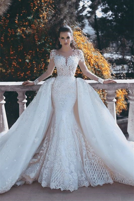Long Sleeve Lace Appliques Mermaid Wedding Dress With Detachable Skirt