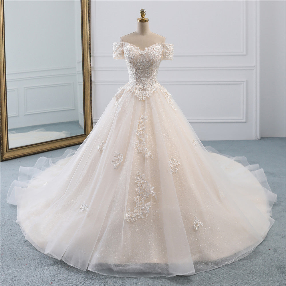 Off The Shoulder Tulle Princess Long Wedding Dress With Appliques Lace