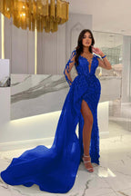 Shiny Blue Split Long Sleeves Mermaid Beaded Prom Dress With Appliques Tulle