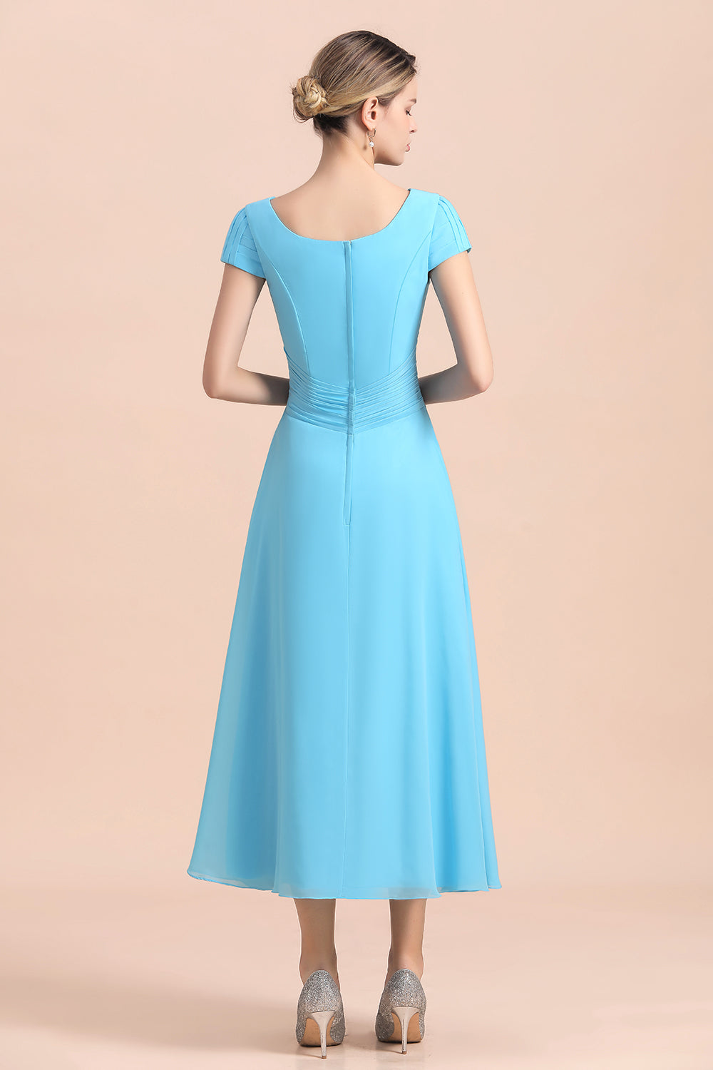 BMbridal Blue Short Sleeves Chiffon Mother of the Bride Dress Tea-Length Online