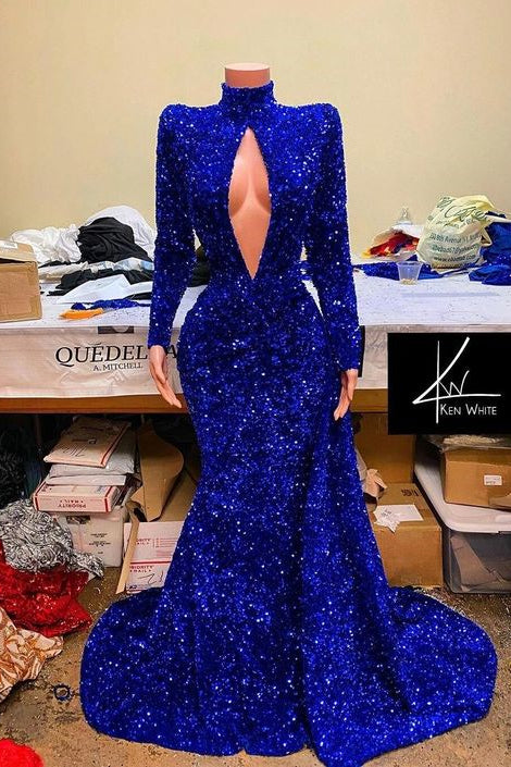 Vestido de fiesta de sirena con lentejuelas color zafiro real, cuello alto y mangas largas