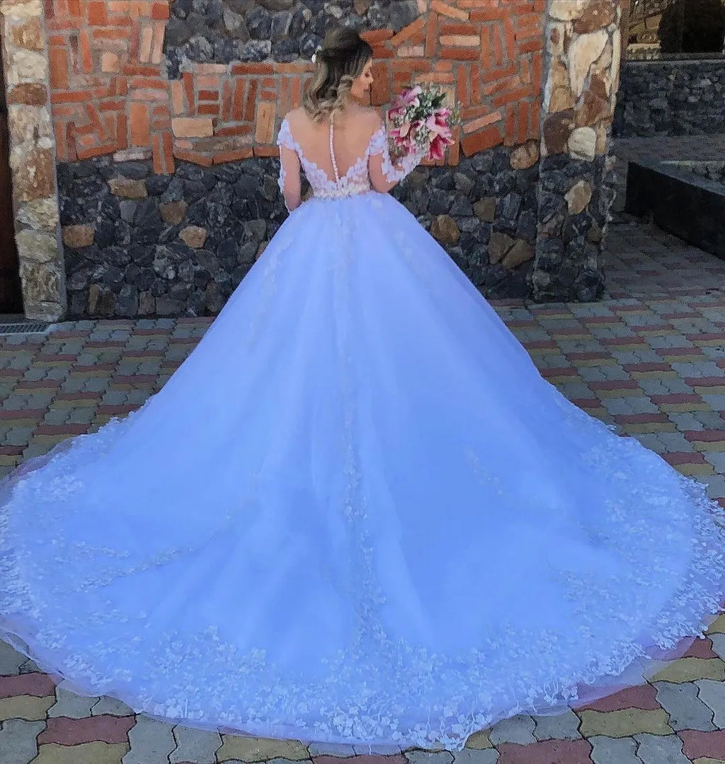 Elegant Off The Shoulder Princess Wedding Dress With Sleeves Tulle