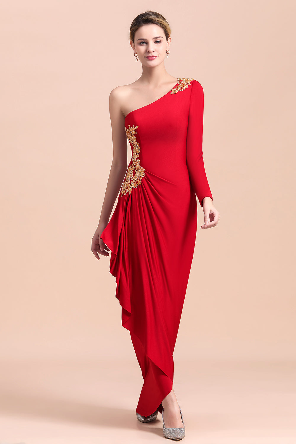 BMbridal Chic One-Shoulder Long Sleeves Ruffle Mother of Bride Dresses with Appliques