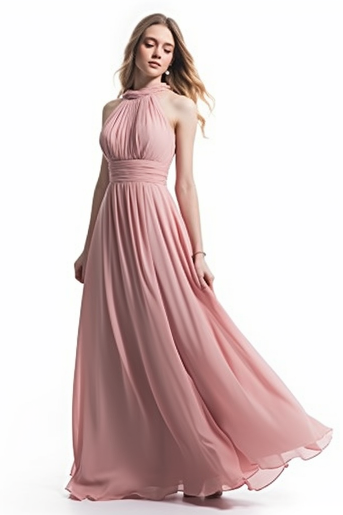 Abito lungo da sera in chiffon senza maniche con collo all'americana e pieghe eleganti