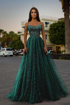 Tulle Spaghetti Strap Sleeveless A Line Prom Dress With Sequins Beads