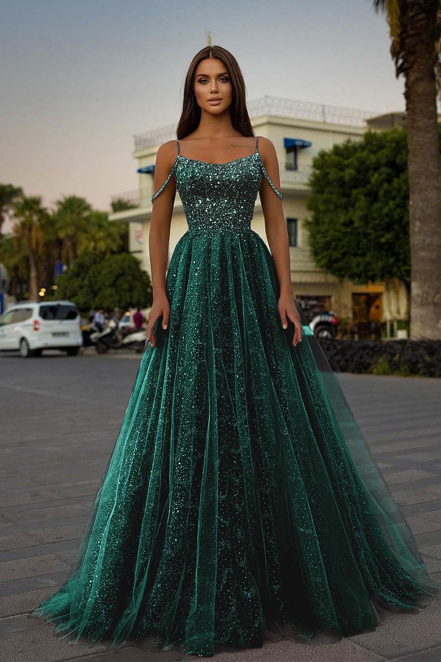Tulle Spaghetti Strap Sleeveless A Line Prom Dress With Sequins Beads