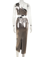 Skinny Sleeveless Asymmetric Pleated Shiny Split-Back Split-Joint One-Shoulder Evening Dresses Maxi Dresses
