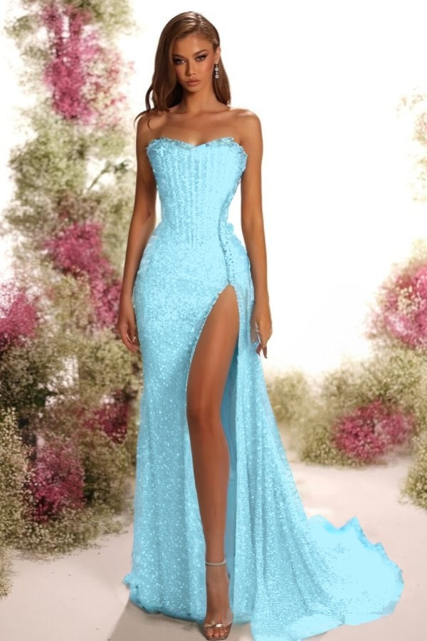 Vestido de baile sem alças sem mangas com lantejoulas plissadas e corte comprido