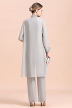 BMbridal Elegant Sleeveless Appliques Silver Chiffon Mother of Bride Jumpsuit with Wrap