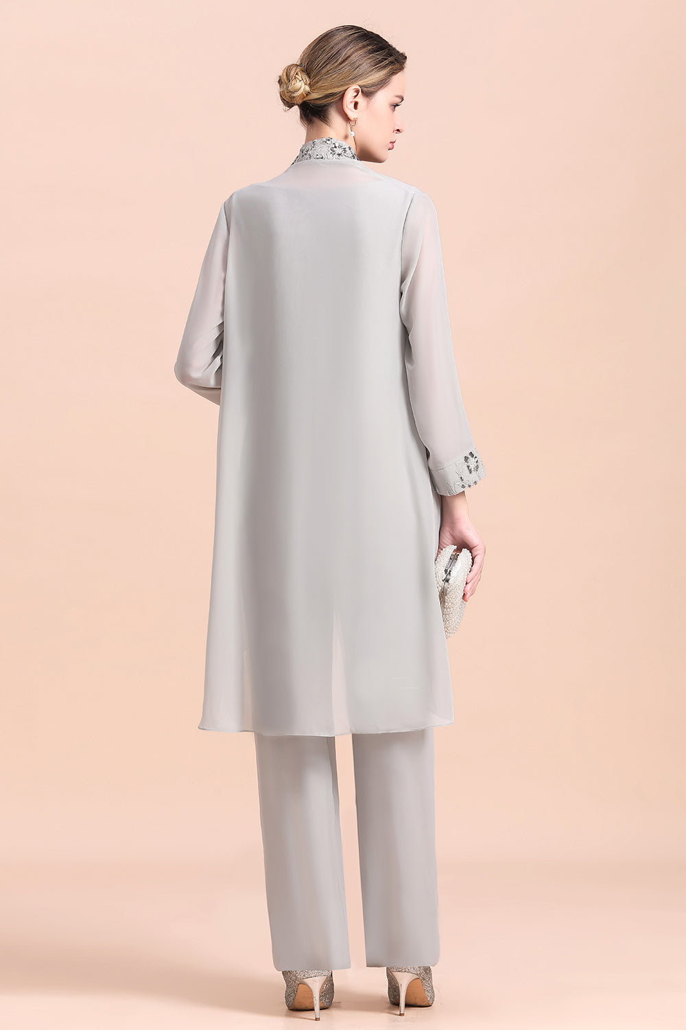 BMbridal Elegant Sleeveless Appliques Silver Chiffon Mother of Bride Jumpsuit with Wrap