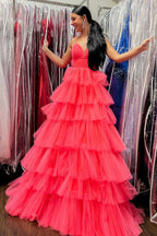 Lavender V-Neck Ruffle Tiered Long Prom Gown