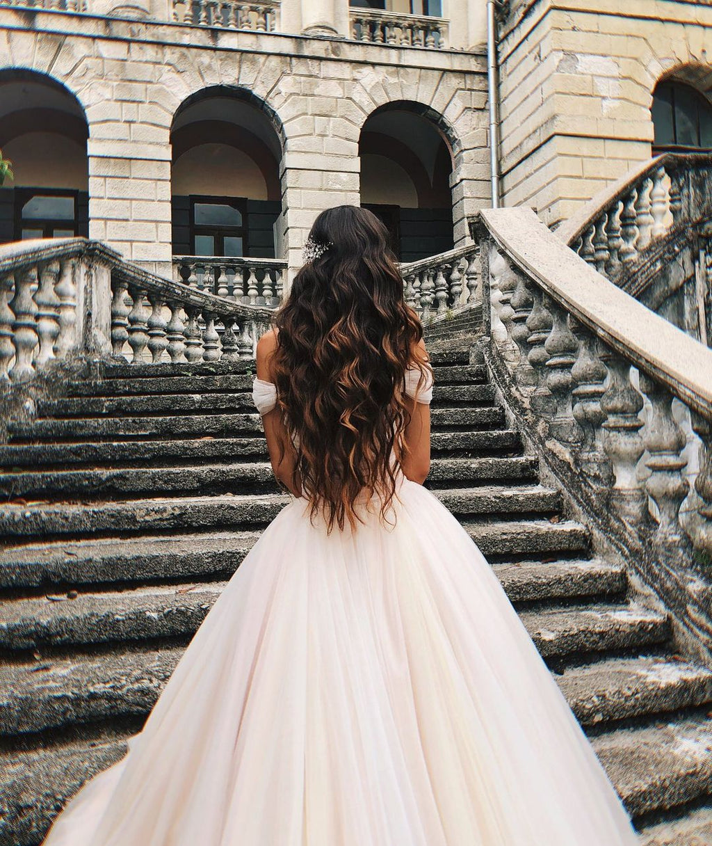 Elegant Tulle Off The Shoulder A Line Long Wedding Dress With Chapel Train