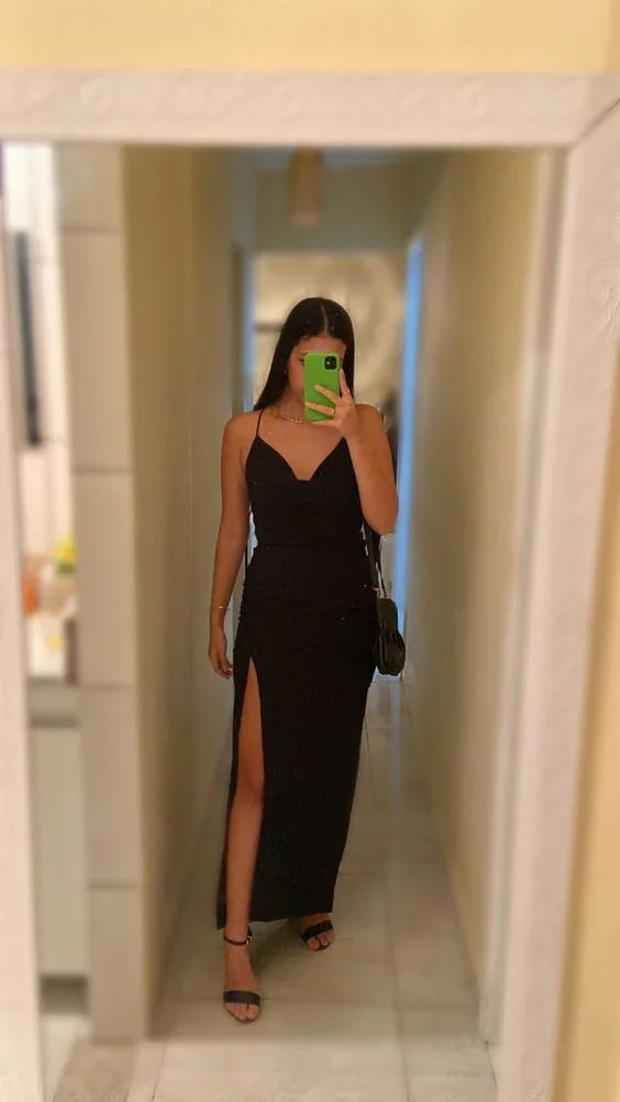 Vestido de noite elegante preto justo com racha Vestido de noite preto Y6135
