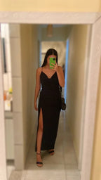 Vestido de noite elegante preto justo com racha Vestido de noite preto Y6135
