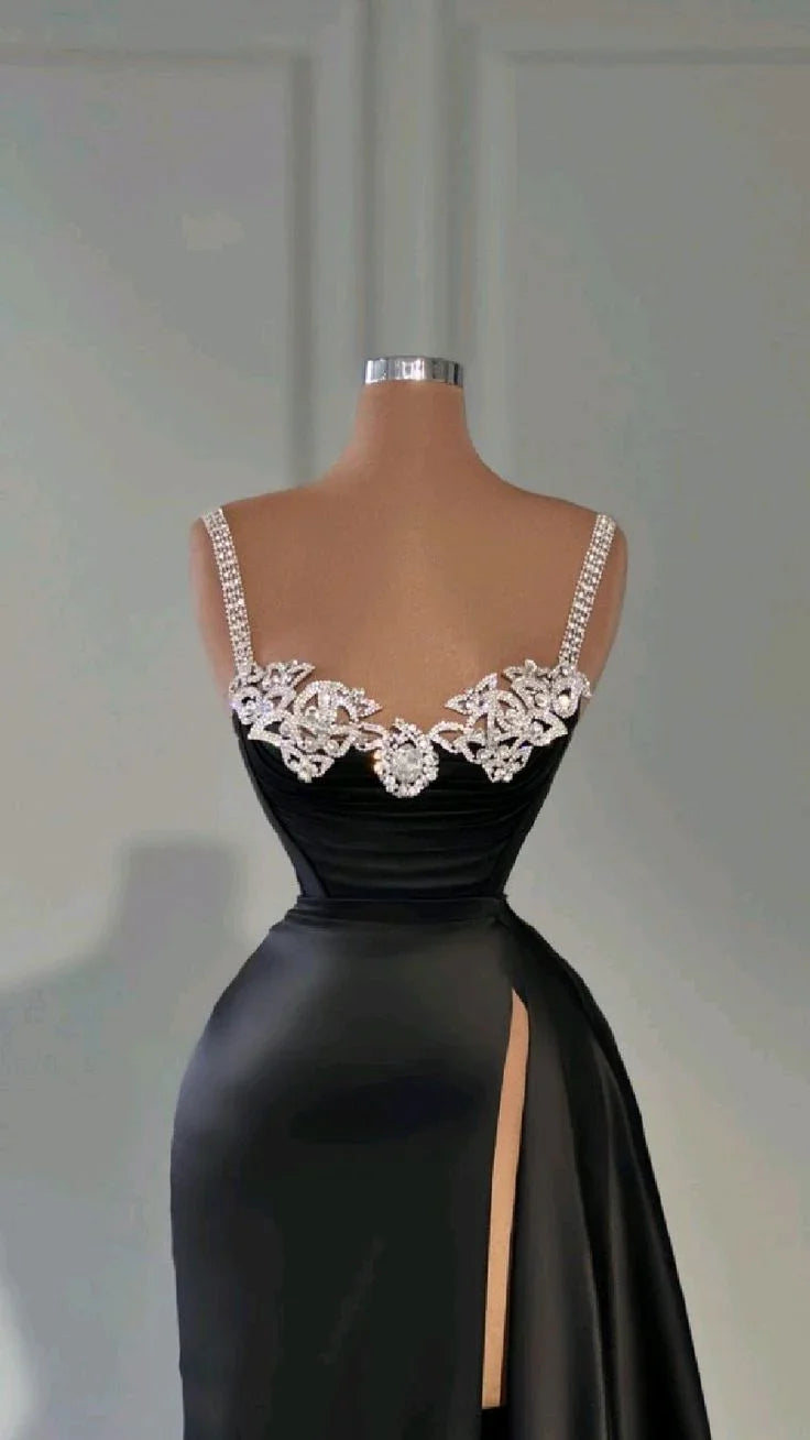 Attractive Black Long Evening Dress With High Slit Y4356