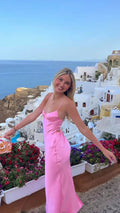 Robe de soirée rose élégante à fines bretelles spaghetti, robe de soirée rose Y2357