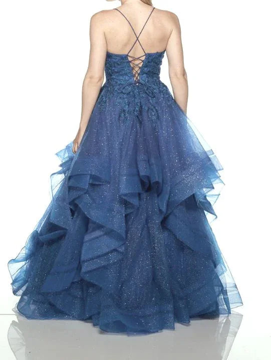 Azul brilhante com decote em v tule apliques lantejoulas longo vestido de baile cinta de espaguete vestido de noite y8051