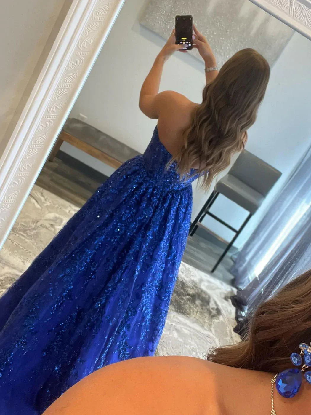 Blue A line tulle sequin long prom dress, blue tulle evening dress Y249