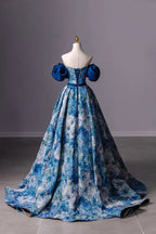 Blue Printed Long A-Line Prom Dress Blue Off the Shoulder Formal Evening Dress Y4605