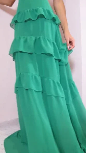 Vestido de noche largo para baile de graduación Y8386, verde esmeralda, escote en V profundo, con volantes en capas y espalda descubierta