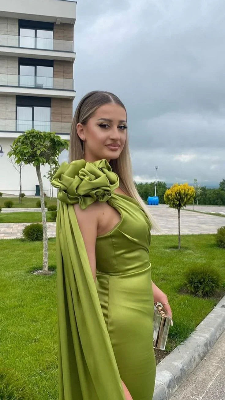 Vestido largo ajustado para fiesta y baile de graduación verde oliva con un solo hombro Vestido de noche para baile de graduación Y8009