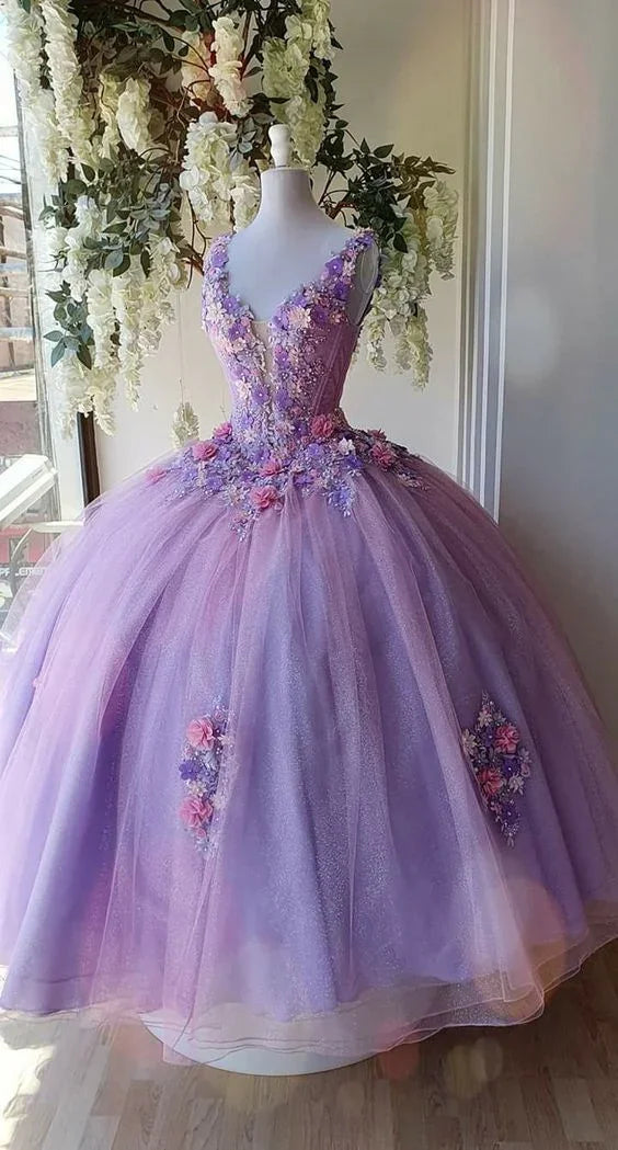 Vestido Longo de Baile em Tule Princesa com Flor, Vestidos de Baile de Debutante Y4372