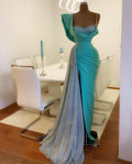 Blue Mermaid Prom Dresses With High Side Split Glitter Satin Real Image Sweep Train robe de soirée de mariage Evening Dr