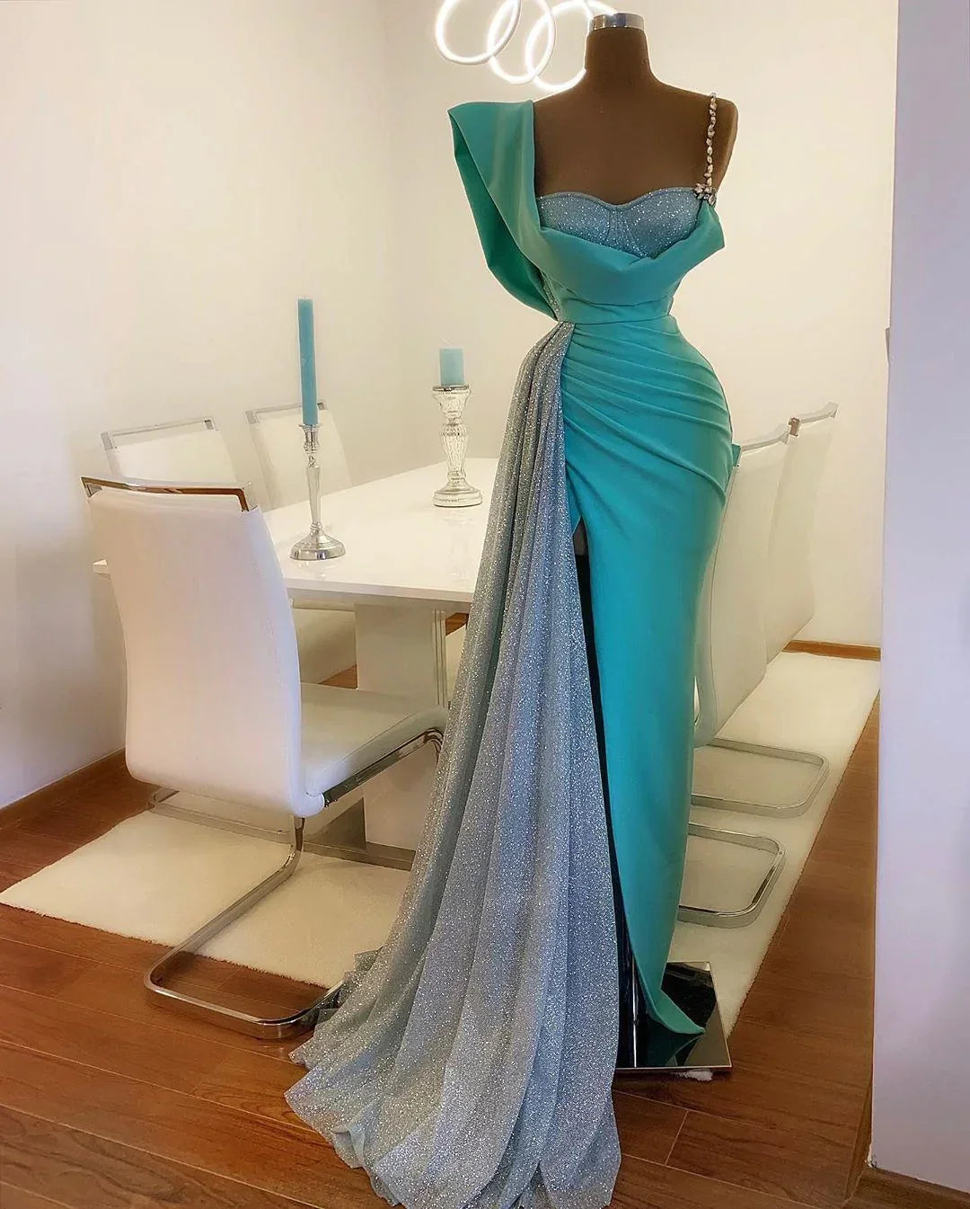 Blue Mermaid Prom Dresses With High Side Split Glitter Satin Real Image Sweep Train robe de soirée de mariage Evening Dr