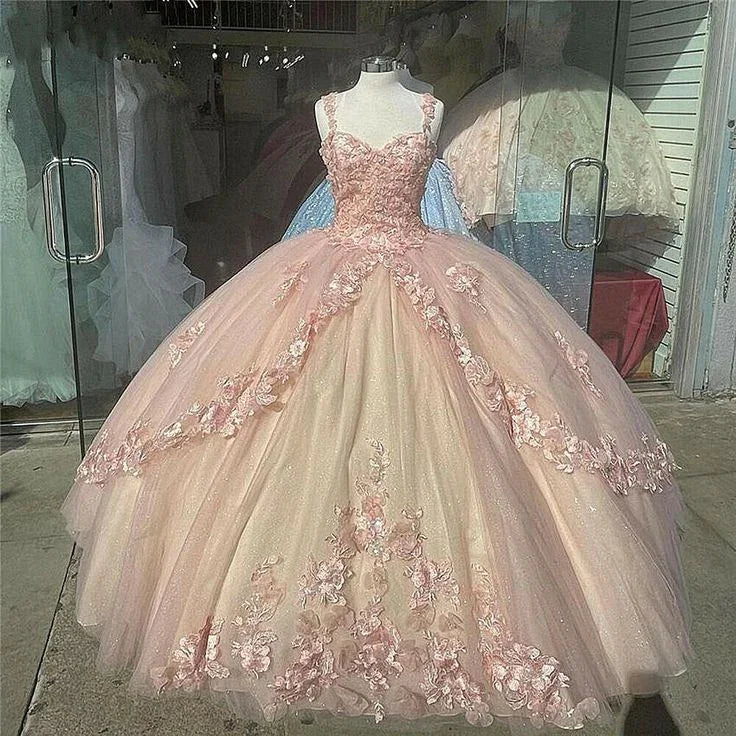 Vestidos cor-de-rosa cintilantes para Quinceañera e Baile de Finalistas, renda com flor, doce 16, saia de tule para festa, vestido de baile Y57
