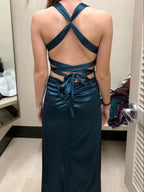 Robe longue de soirée formelle pour femmes, bleu sarcelle, dos à bretelles, en satin, sans manches, robe de soirée Y2928