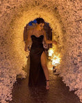 Vestido de noite elegante preto justo com racha Vestido de gala preto Y6257