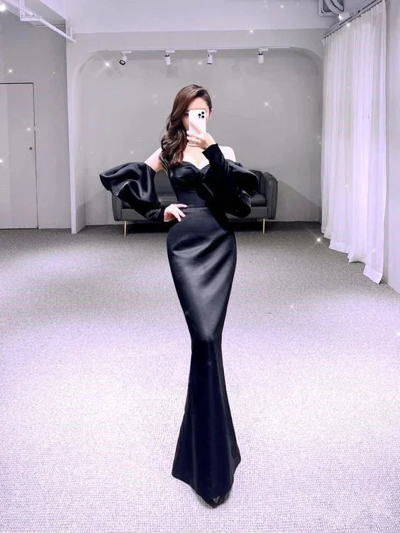 Vestido de Baile Preto Simples Sereia Vestido Longo de Cetim para Noite Y6416