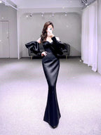 Vestido de Baile Preto Simples Sereia Vestido Longo de Cetim para Noite Y6416