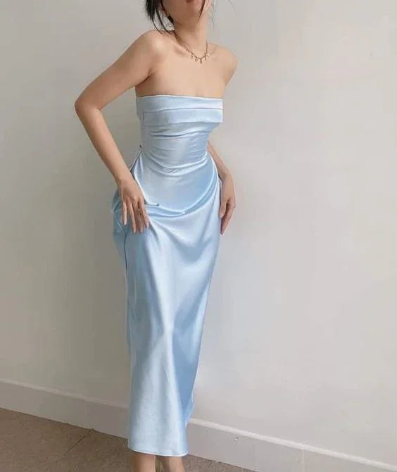 Vestido de Festa Azul Elegante Sem Alças Modelo Tubinho Vestido de Noite Azul Y6420