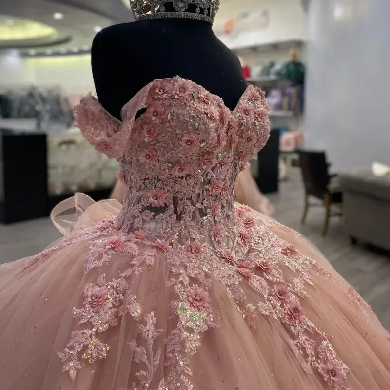 Vestido de bola con apliques rosados brillantes, vestido de princesa rosa Y2341