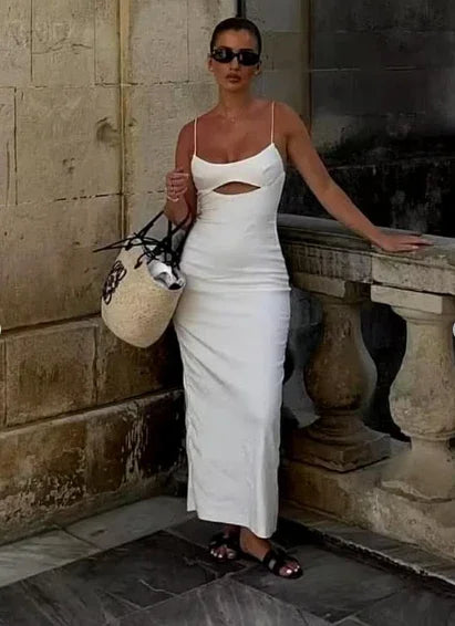 Weißes Abendkleid mit langen Spaghetti-Trägern, festliches Kleid Y7201
