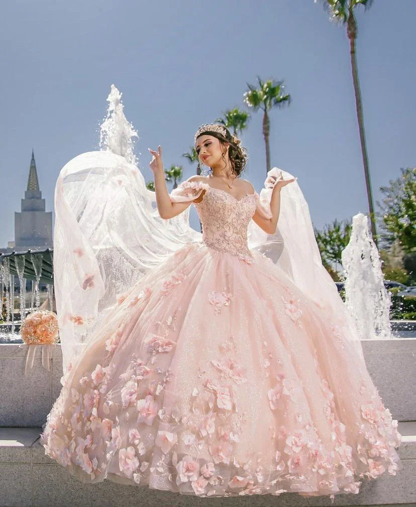 Vestido Rosa Dulce 16, Vestido de Gala Rosa con Flores 3D, Vestido de Princesa Rosa Y2337