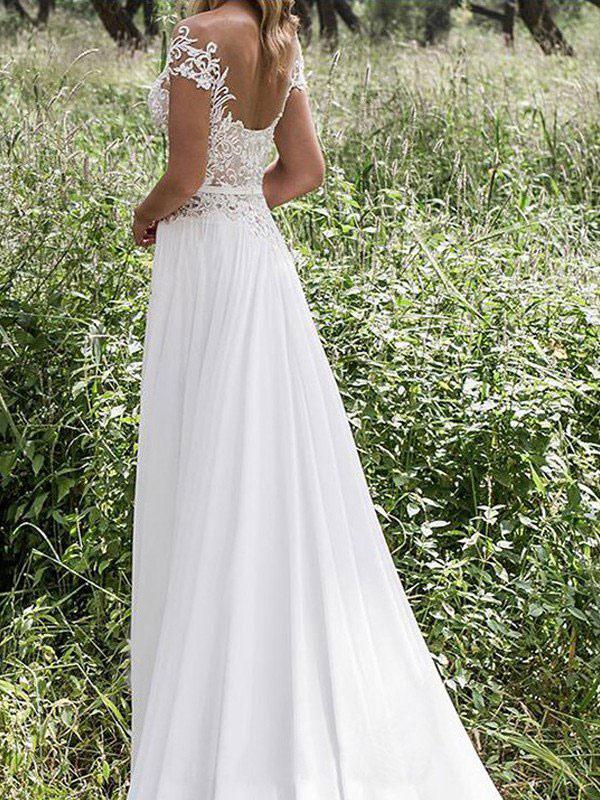 Lace Short Sleeve Wedding Dress With Slit Elegant Bridal Gown