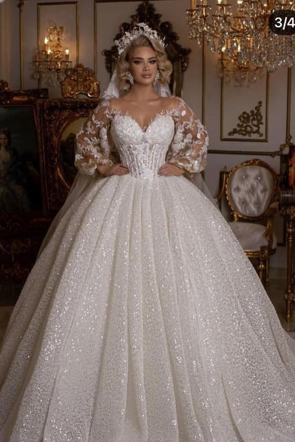 Stunning Ball Gown Featuring Puffy Sleeves Long Wedding Dress With Appliques