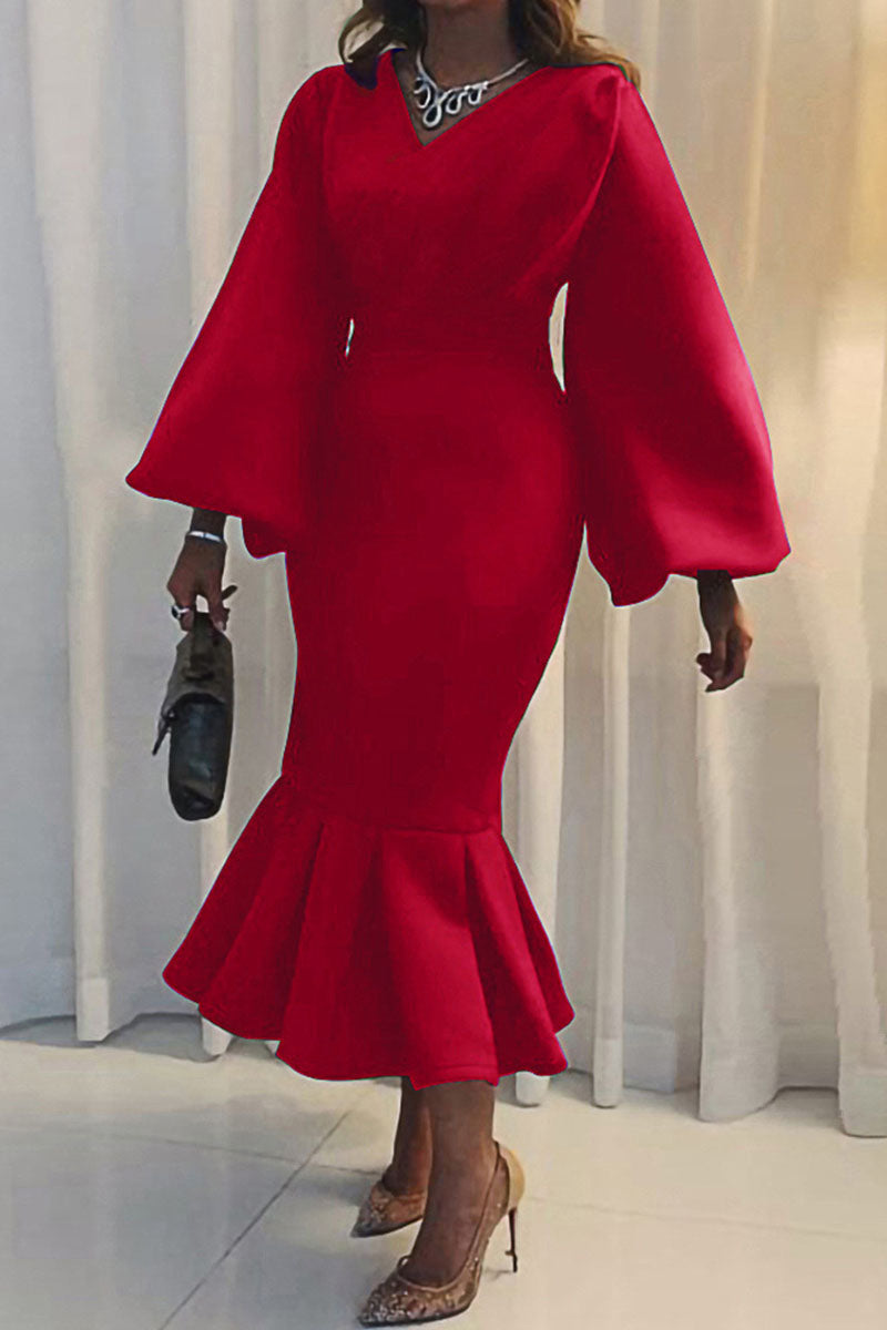 Elegantes, solides Patchwork-Abendkleid mit V-Ausschnitt (4 Farben) 