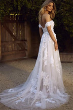 Off Shoulder A Line Tulle Wedding Dress With Lace Appliques
