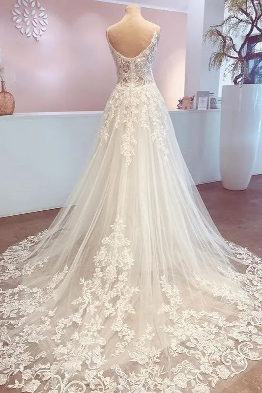 Romantic Lace V Neck A Line Wedding Dress With Elegant Detailing